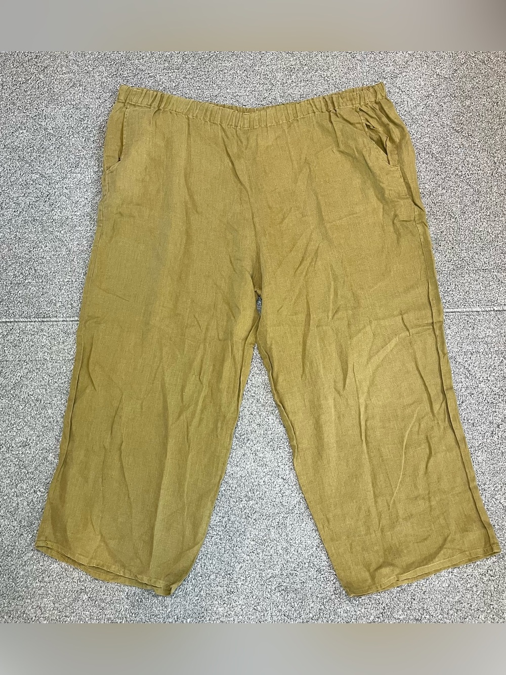 Flax by Jeanne Engelhart Linen Pants Womens Large Olive Pull On Cropped Wide Leg